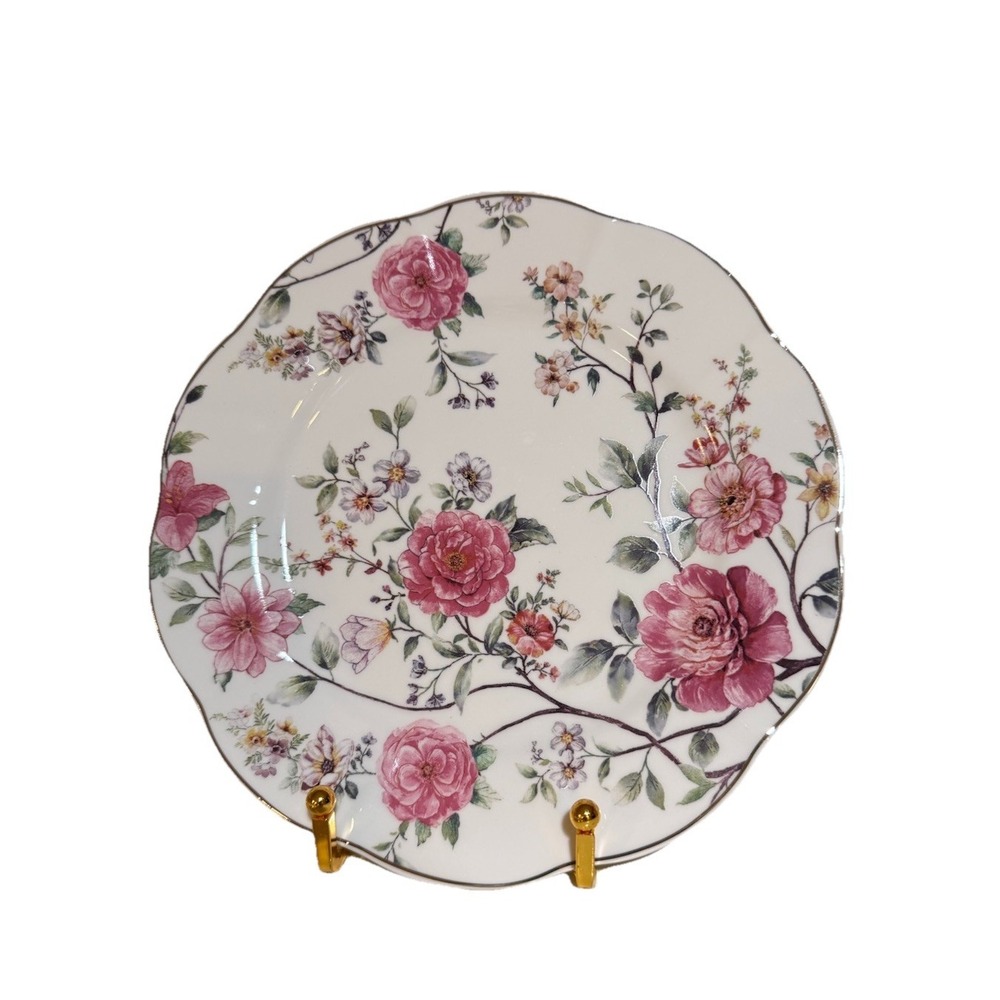 Set of 4 Grace Teaware 8" Salad / Dessert Plates Pink Peony / Rose Design